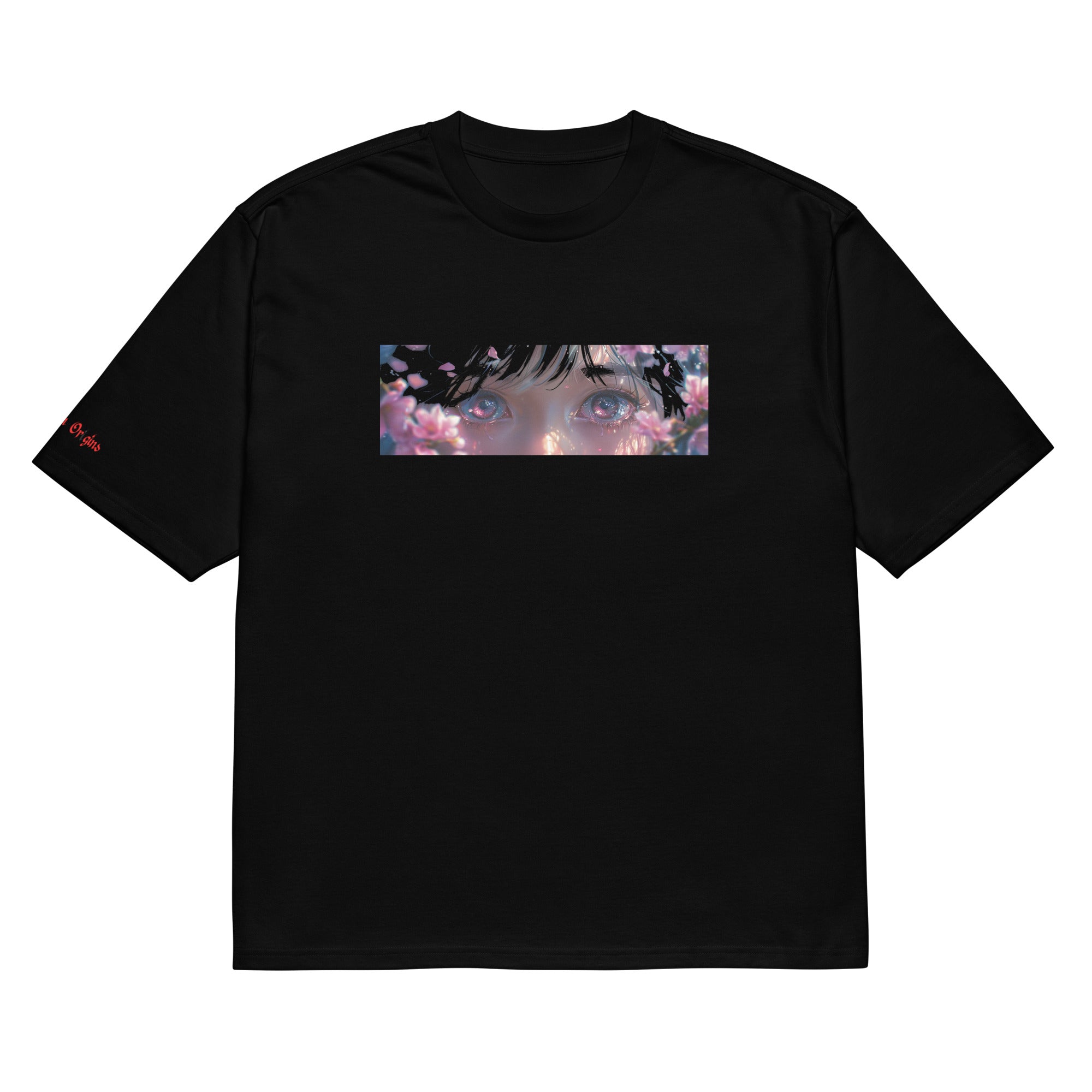 Eyes Like Cherry Blossom Tee featuring pink cherry blossom plant design with expressive eyes, inspired by cherry blossom trees