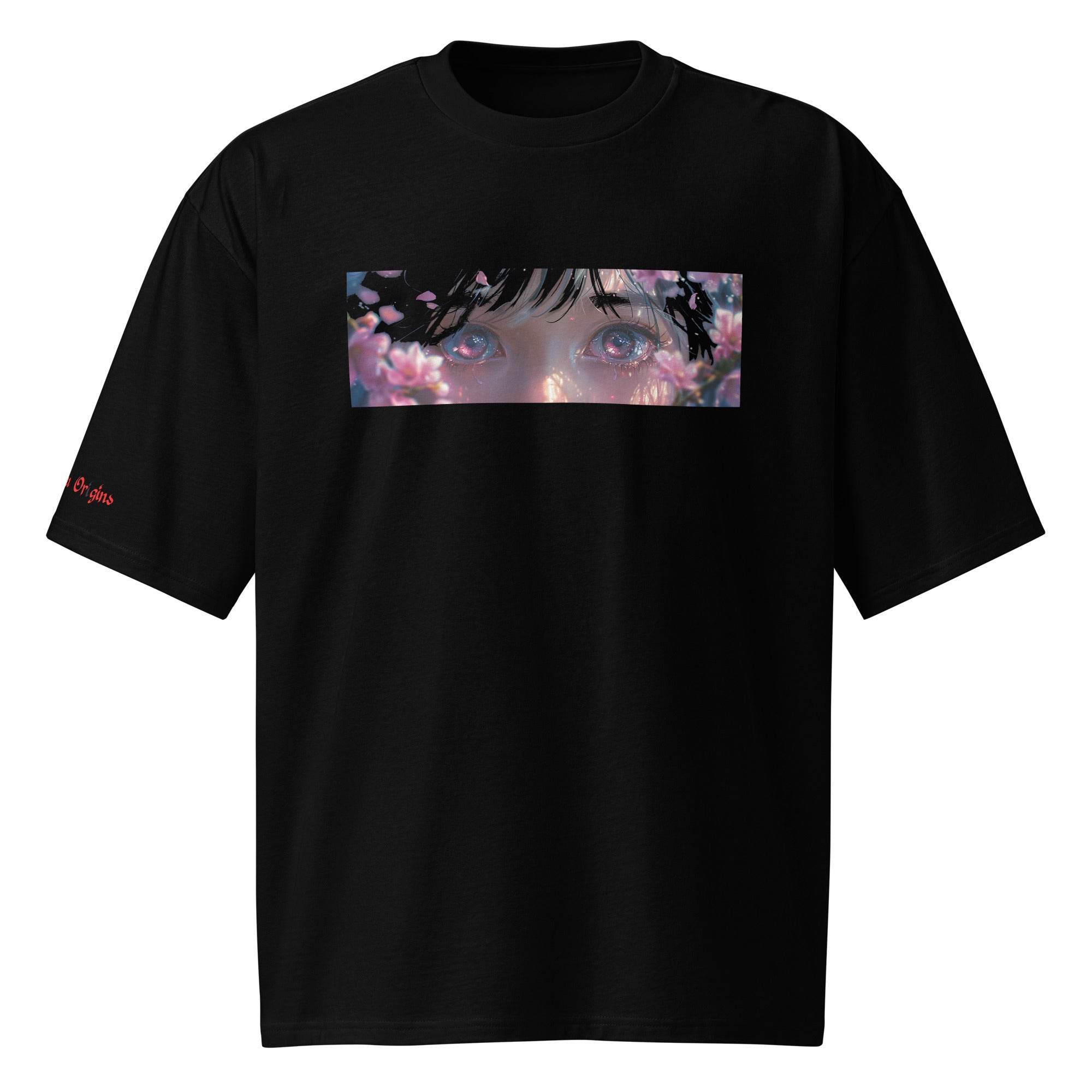 Eyes Like Cherry Blossom Tee featuring pink cherry blossom plant design with expressive eyes, inspired by cherry blossom trees